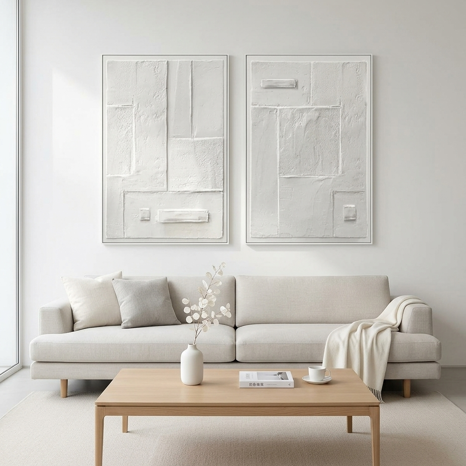 WHITE TEXTURED VERTICAL DIPTYCH: Raised Textured Squares Canvas Set Of 2
