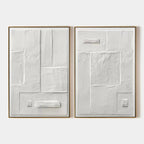 White Textured Squares Diptych by Javier Ramirez: Minimalist white textured painting set of 2, vertical wall art.