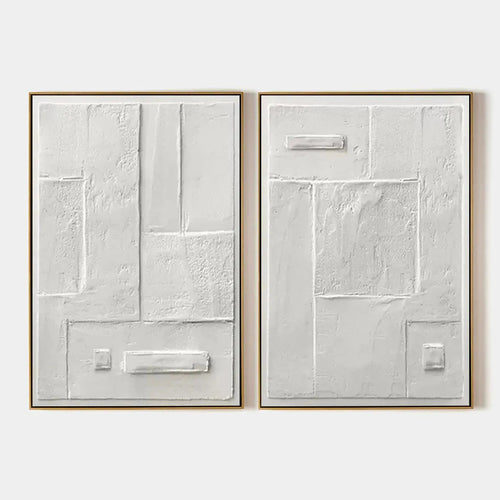 White Textured Squares Diptych by Javier Ramirez: Minimalist white textured painting set of 2, vertical wall art.