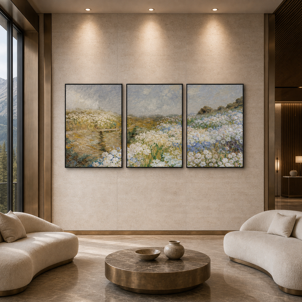 WILDFLOWER FIELD TRIPTYCH: Soft Impressionist Meadow Canvas Set Of 3
