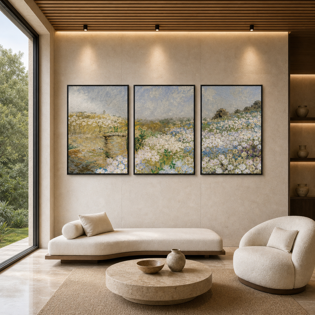 WILDFLOWER FIELD TRIPTYCH: Soft Impressionist Meadow Canvas Set Of 3