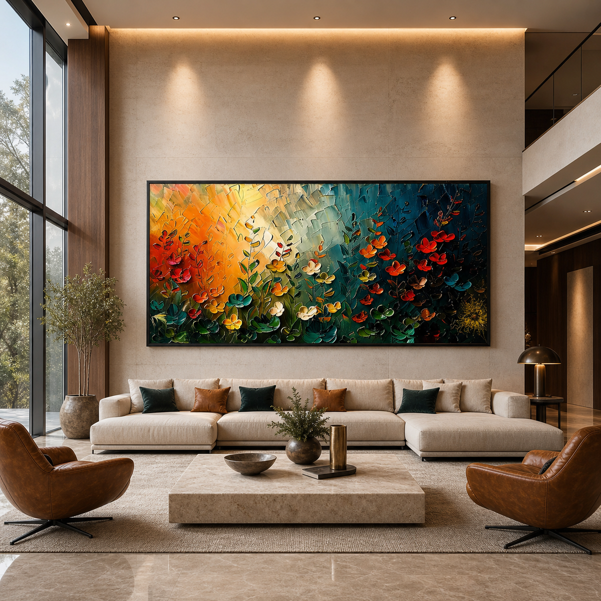 WILDFLOWER MEADOW: Colorful Abstract Floral Textured Panoramic Canvas