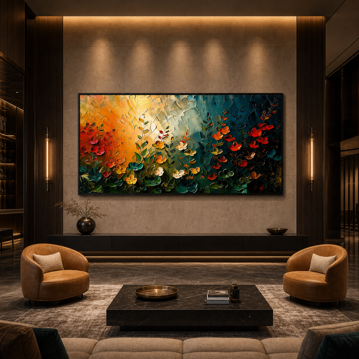WILDFLOWER MEADOW: Colorful Abstract Floral Textured Panoramic Canvas