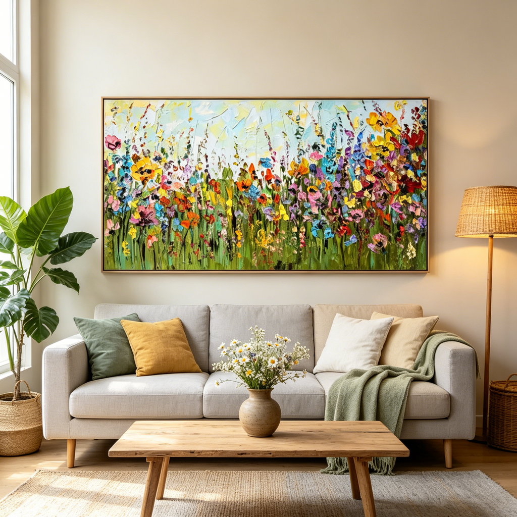 WILD BLOOM MEADOW: Panoramic Impasto Wildflower Field Nature Canvas