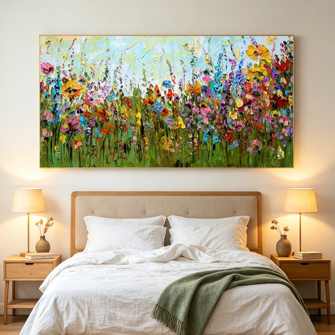 WILD BLOOM MEADOW: Panoramic Impasto Wildflower Field Nature Canvas