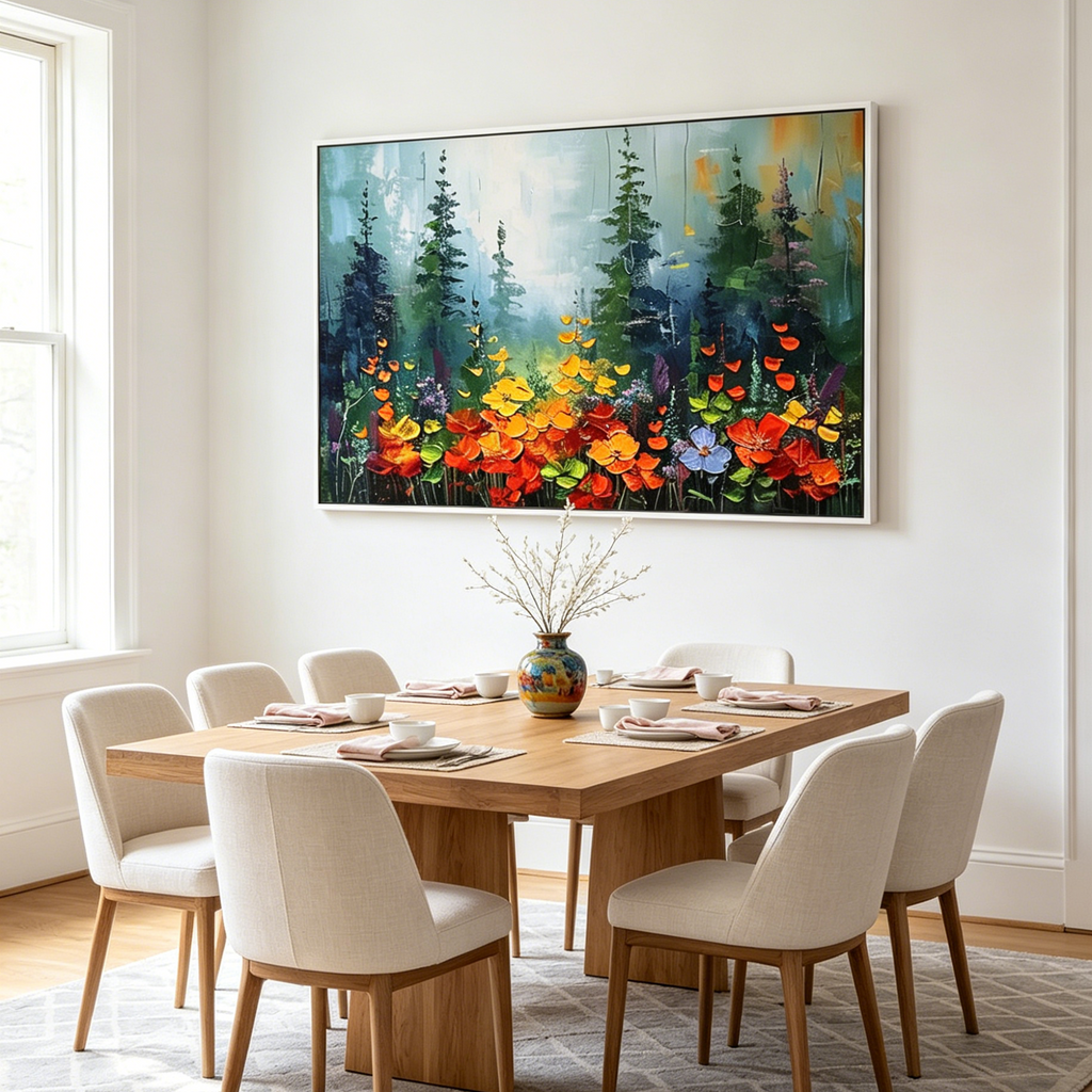 WILD FLOWER MEADOW: Panoramic Colorful Impasto Flowers Forest Edge Canvas