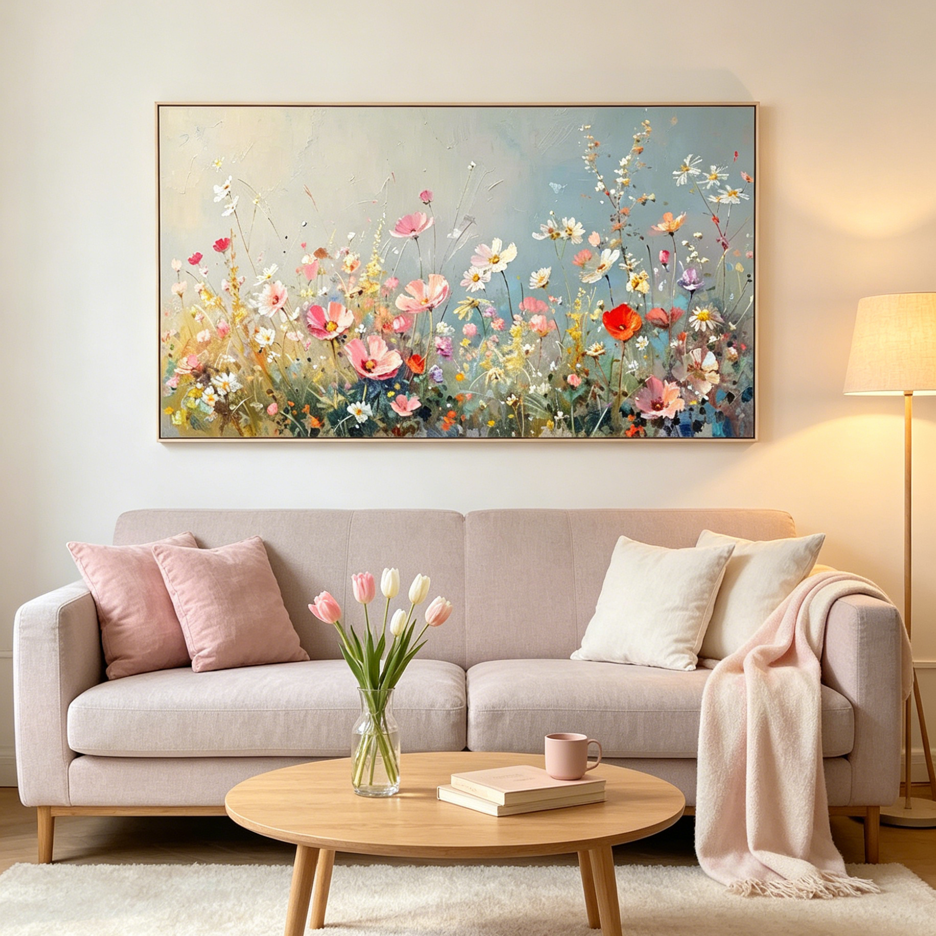 WILD MEADOW: Impasto Italian Pink White Wildflower Field Canvas