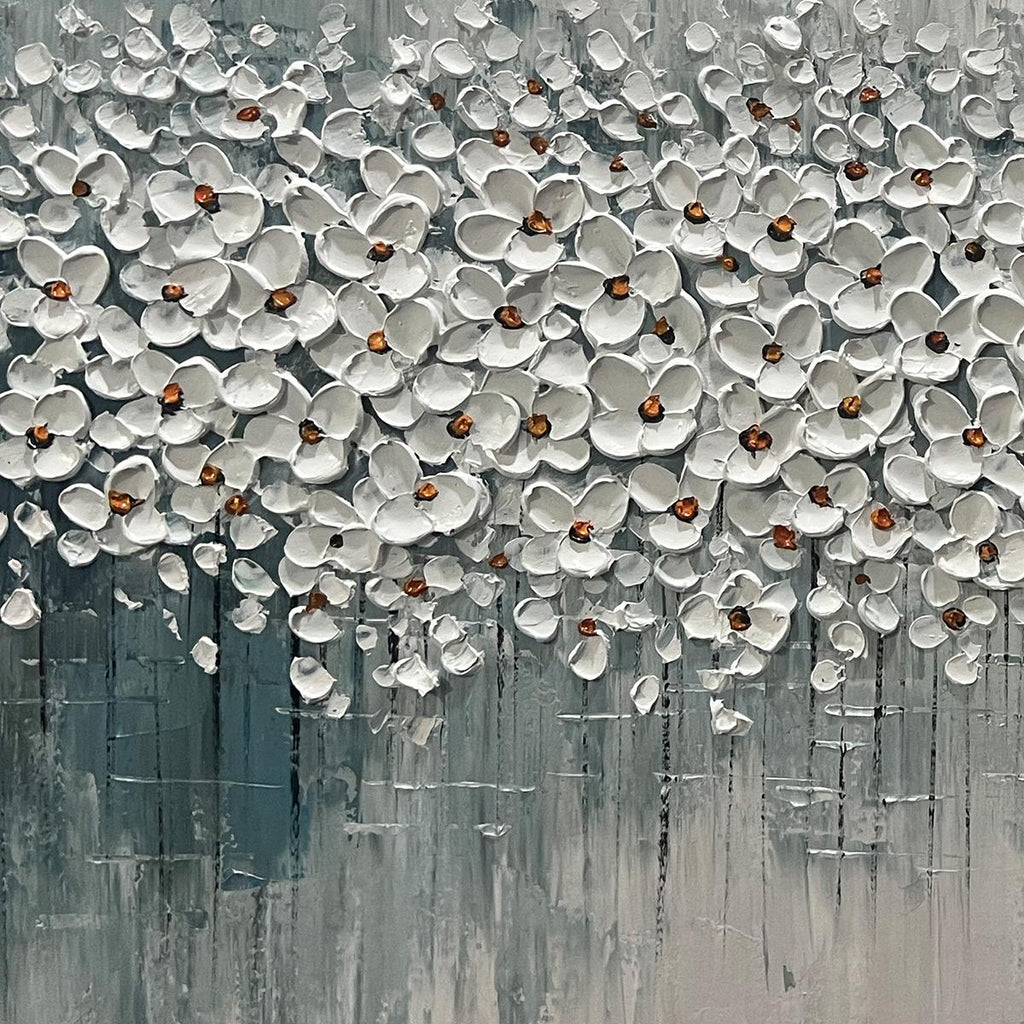 WINTER BLOSSOM- Panoramic Impasto Floral Oil Painting in White and Grey