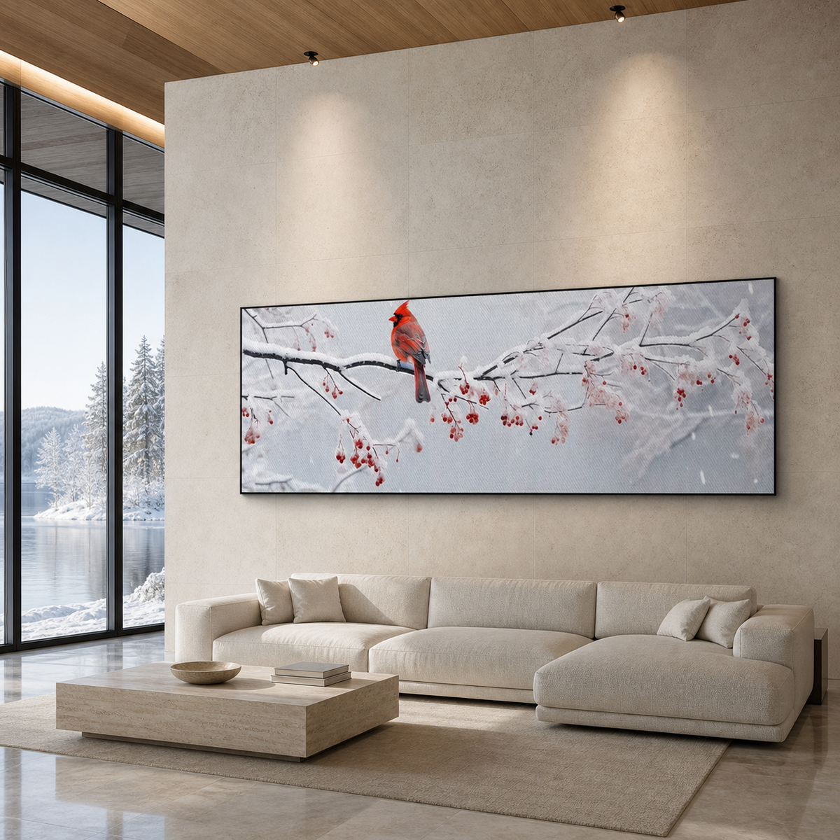 WINTER CARDINAL PANORAMIC: Red Cardinal Snowy Berries Winter Serenity Canvas