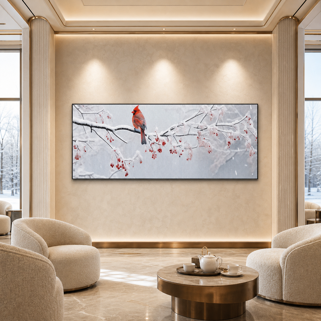WINTER CARDINAL PANORAMIC: Red Cardinal Snowy Berries Winter Serenity Canvas