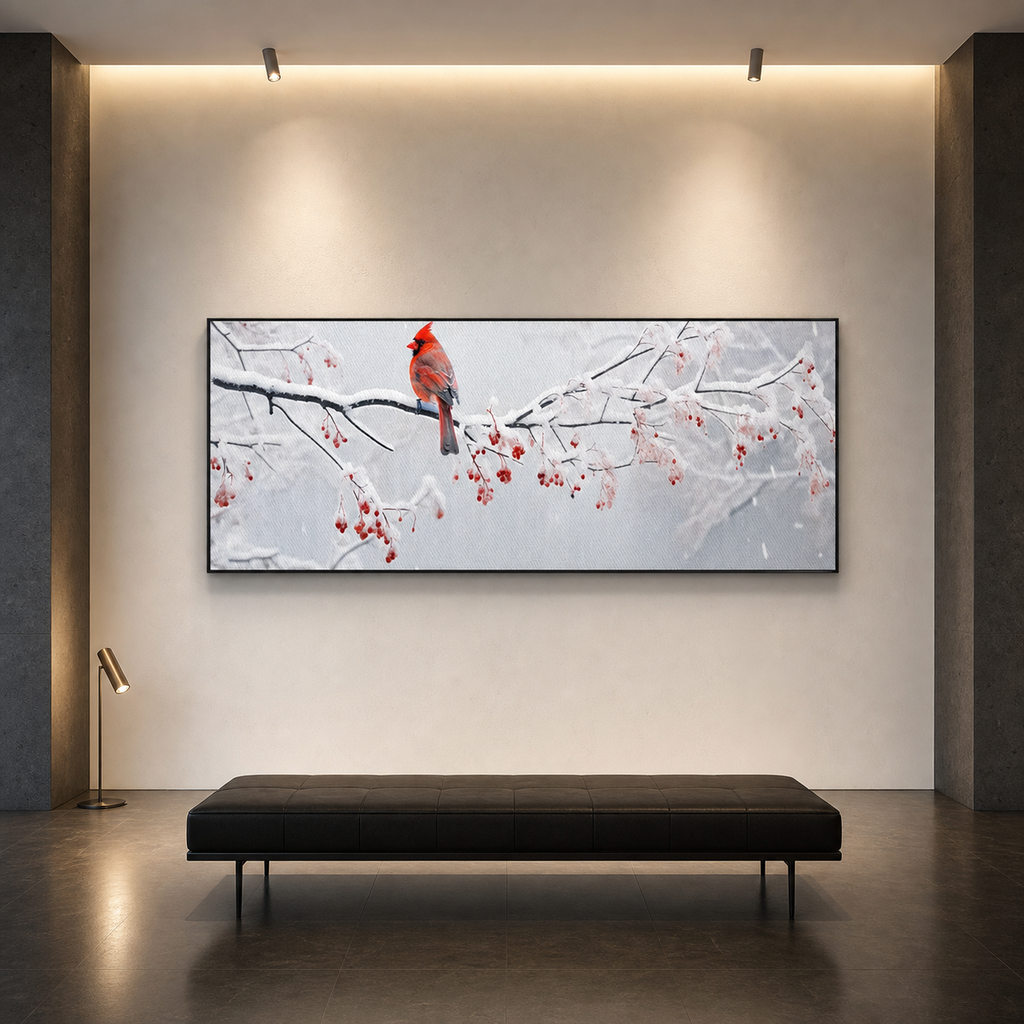 WINTER CARDINAL PANORAMIC: Red Cardinal Snowy Berries Winter Serenity Canvas