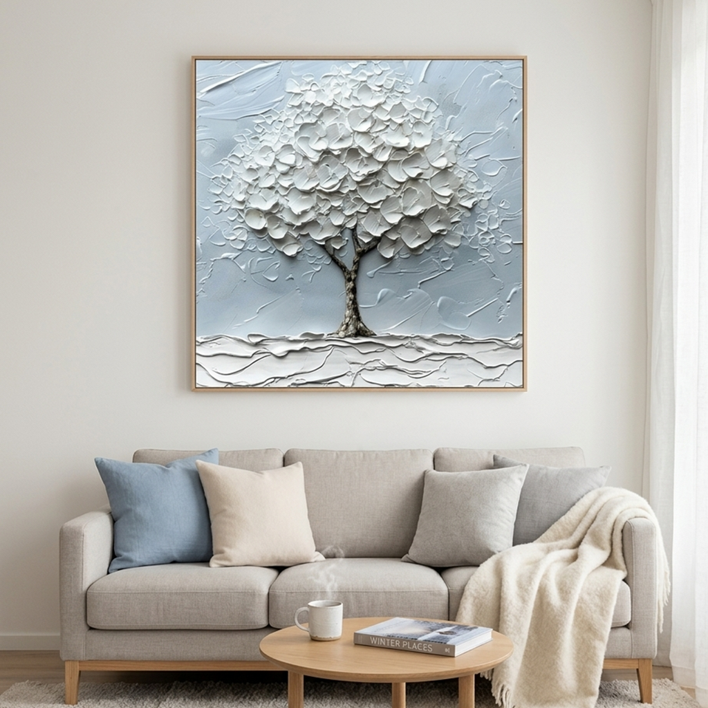 WINTER‘S EMBRACE: Snow Covered Tree Thick Impasto Minimalist Canvas