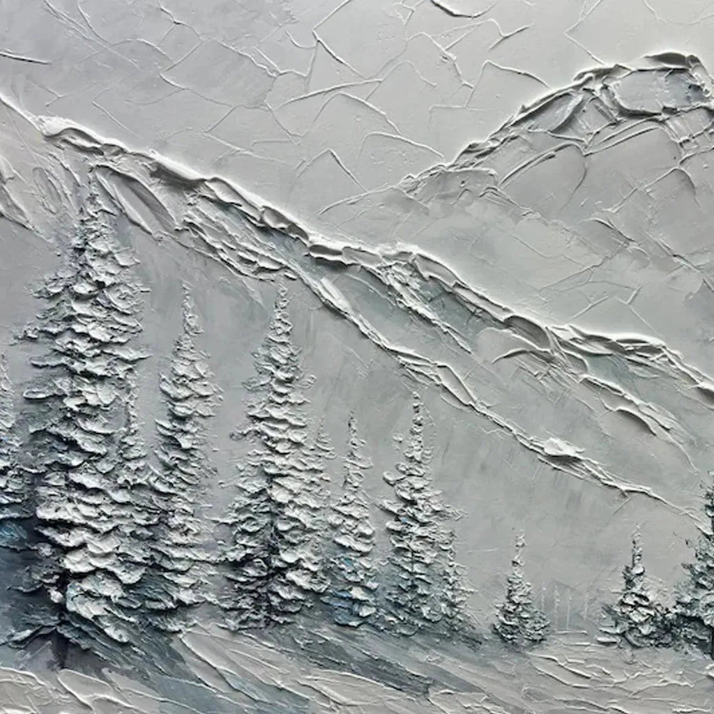 Winter's Embrace painting by Liam O'Connell: textured snow mountain landscape with winter pines, tranquil winter art.