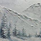 Winter's Embrace painting by Liam O'Connell: textured snow mountain landscape with winter pines, tranquil winter art.