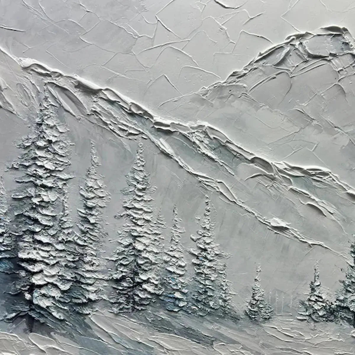 Winter's Embrace painting by Liam O'Connell: textured snow mountain landscape with winter pines, tranquil winter art.