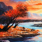 AUTUMN RIVER: Panoramic Sunset Sky Reflecting In Flowing Water Canvas