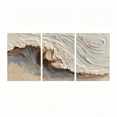 WHITE SEA: 3D Wave Relief Sand Textured Plaster Canvas Set of 3