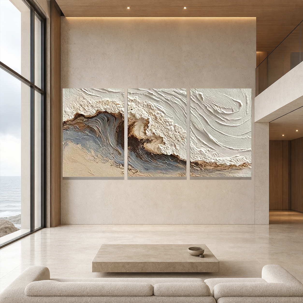WHITE SEA: 3D Wave Relief Sand Textured Plaster Canvas Set of 3