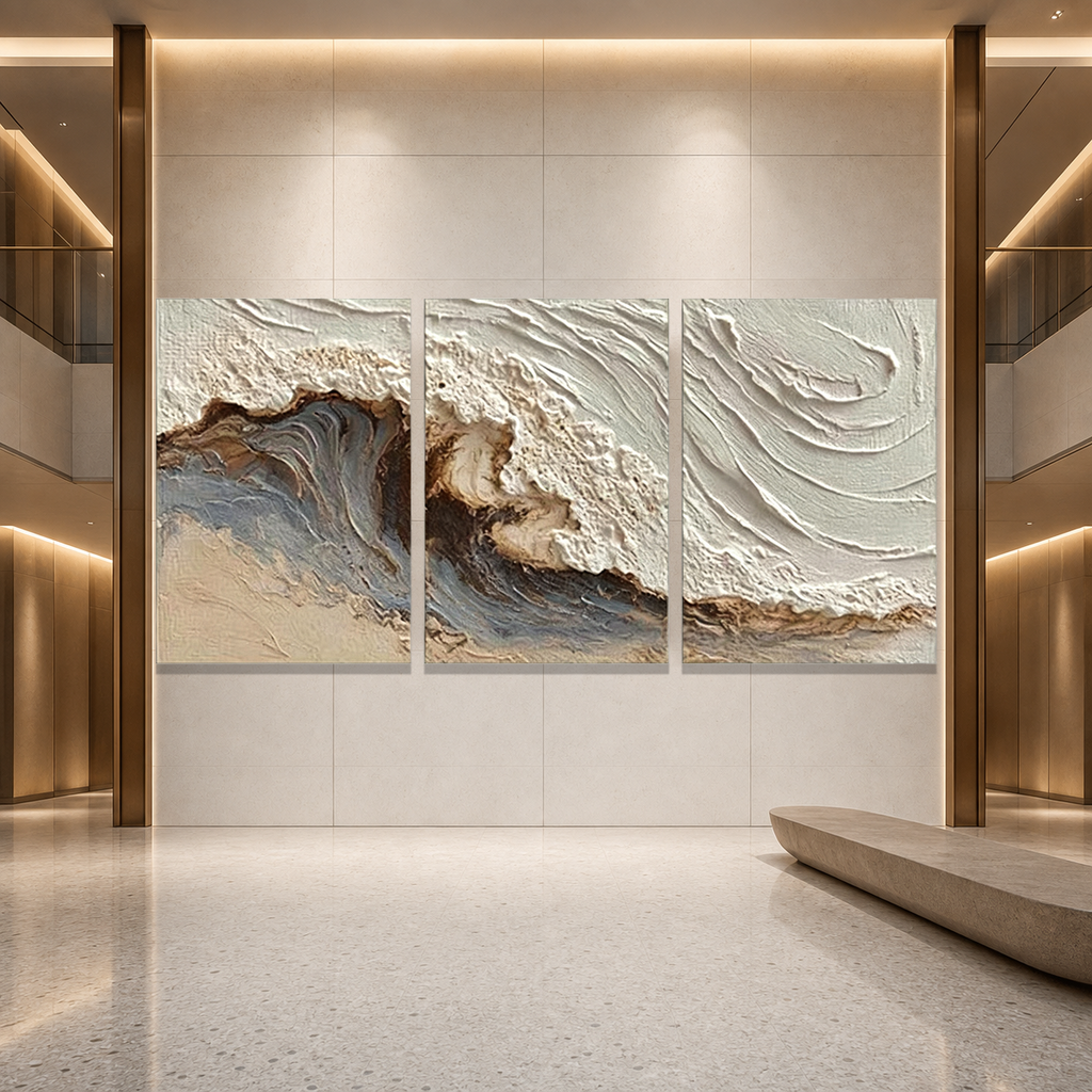 WHITE SEA: 3D Wave Relief Sand Textured Plaster Canvas Set of 3