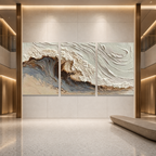 WHITE SEA: 3D Wave Relief Sand Textured Plaster Canvas Set of 3