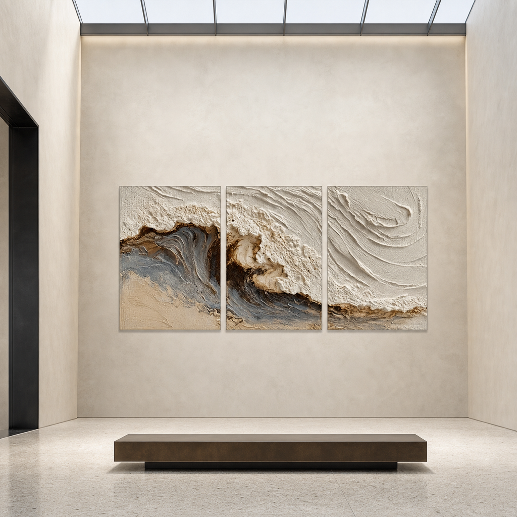WHITE SEA: 3D Wave Relief Sand Textured Plaster Canvas Set of 3