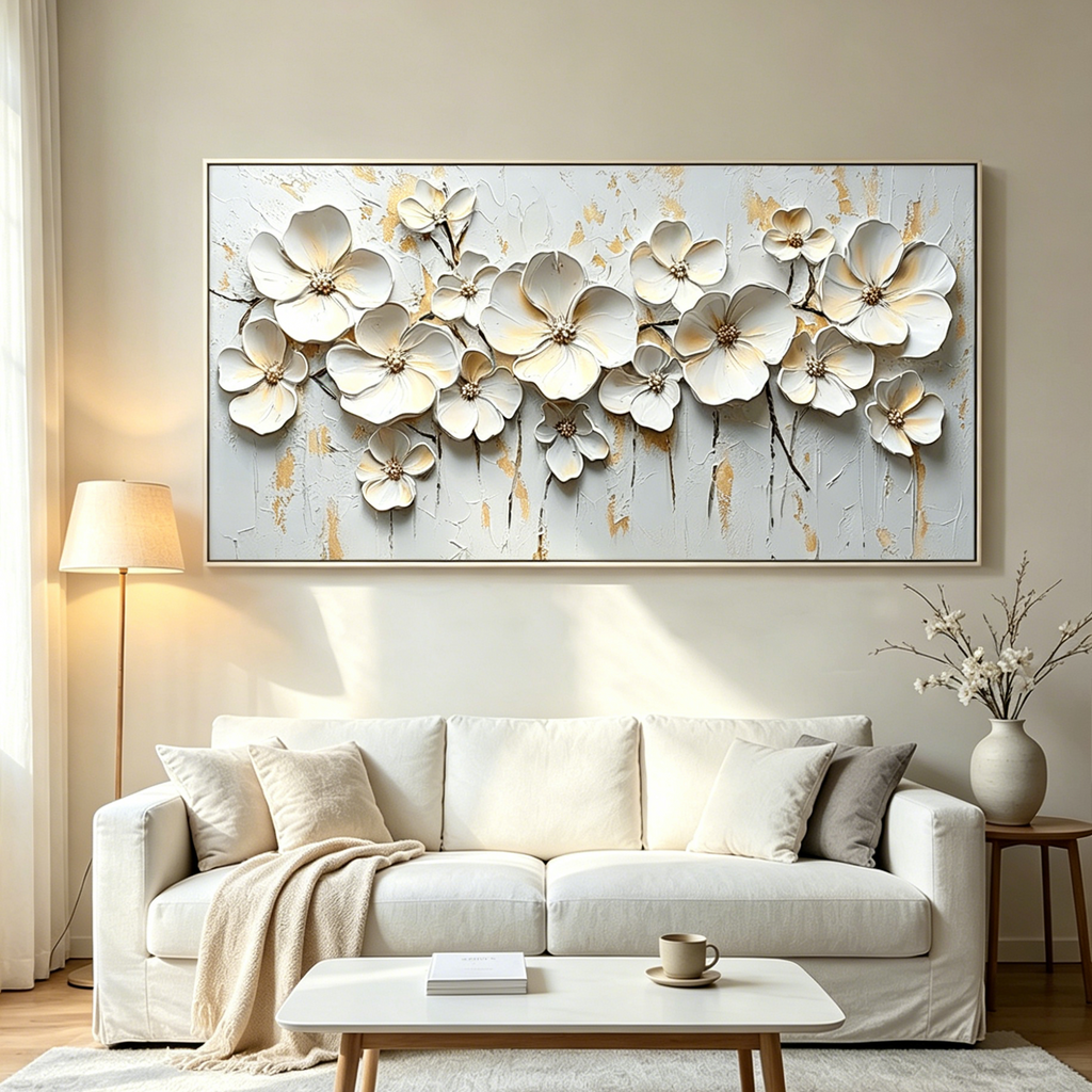 WHITE BLOSSOM SERENADE: 3D Textured White Flowers Delicate Petals Canvas
