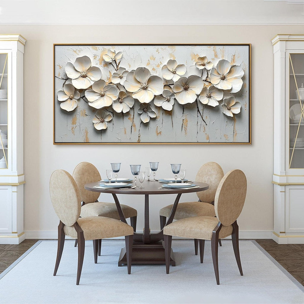 WHITE BLOSSOM SERENADE: 3D Textured White Flowers Delicate Petals Canvas