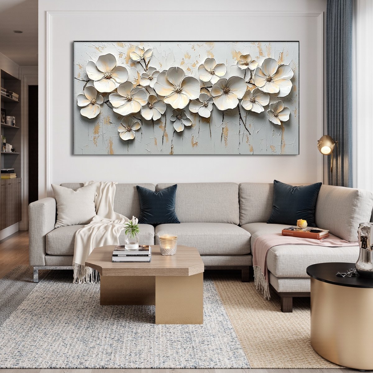 White Blossom Serenade: Original 3D Floral Oil Painting - Textured White Wall Art Decor