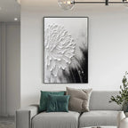 Vertical impasto painting of white bloom, textured petals, black & gray background, shown in room.