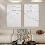 White Textured Waves Diptych, abstract white impasto painting set, gold frame, vertical wall art for modern decor.