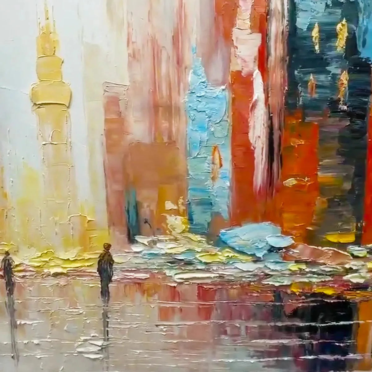 Javier Ramirez City Market painting detail: vivid impasto textures, colorful buildings, and reflective wet street.