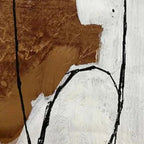 Close-up of brown & white abstract diptych wall art featuring textured paint and bold black lines by Javier Ramirez.