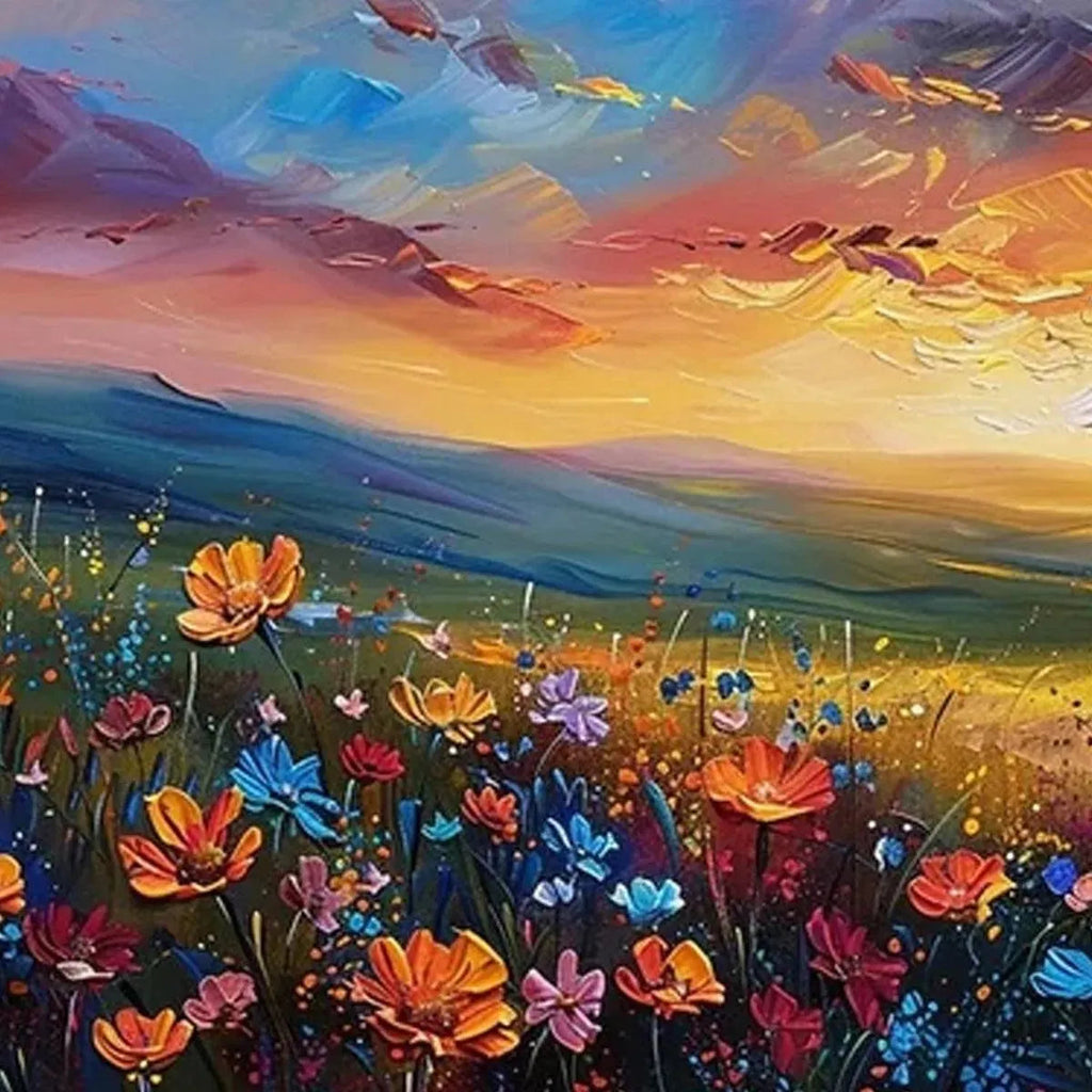 SUNSET SERENADE: Wildflower Meadow Golden Sunset Impasto Canvas