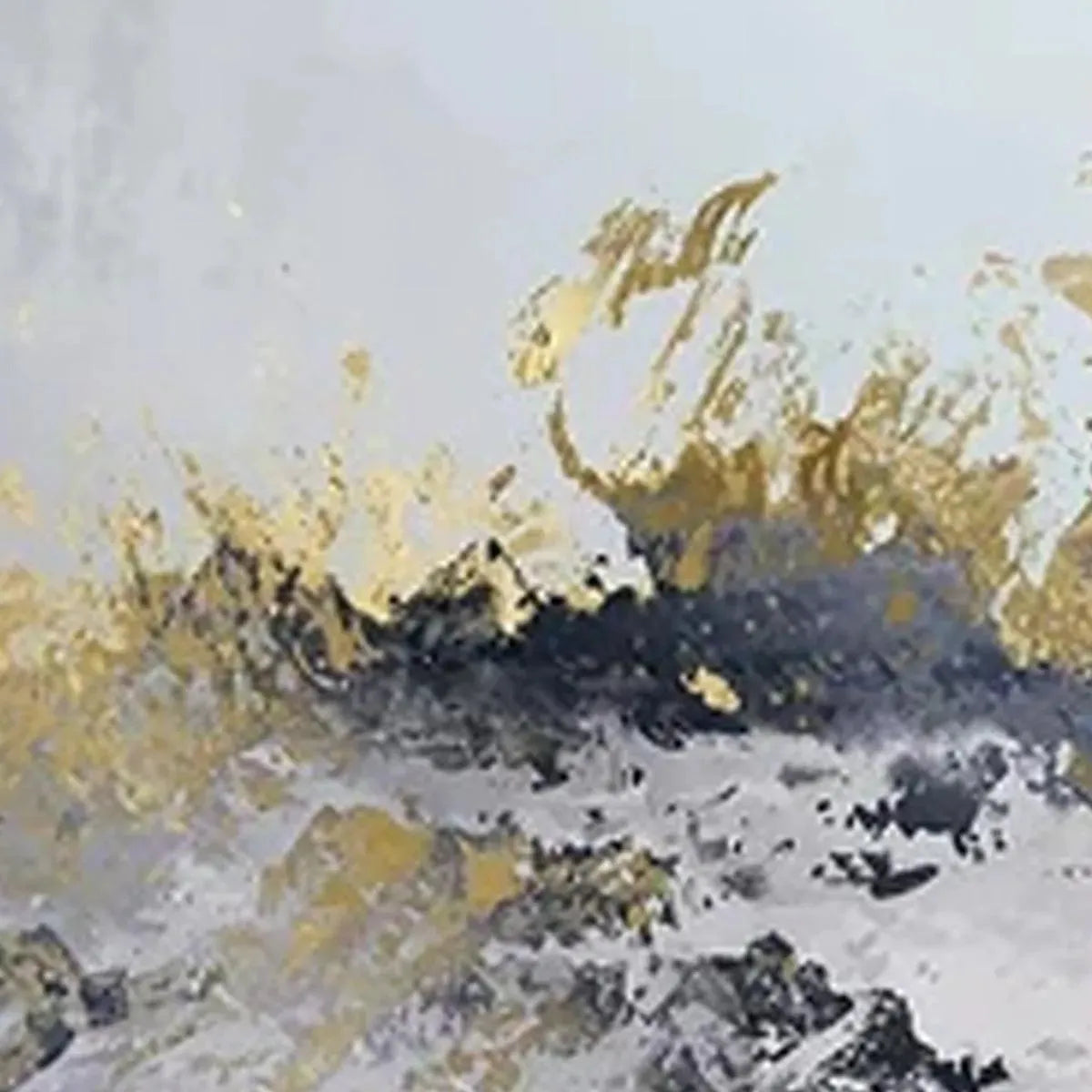 Close up of gold and grey abstract triptych painting with thick impasto strokes and metallic gold leaf accents.