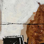 Close-up texture of brown and white abstract diptych wall art with bold black lines and earthy tones.