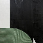 Close-up of ARCHES TRIPTYCH painting with ridged texture in black and sage green against white.