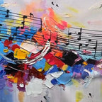 Abstract music painting with vibrant impasto colors and black musical notes on staff lines.