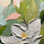 MAGNOLIA BLOSSOMS: White Pink Magnolia Soft Green Leafy Impasto Canvas