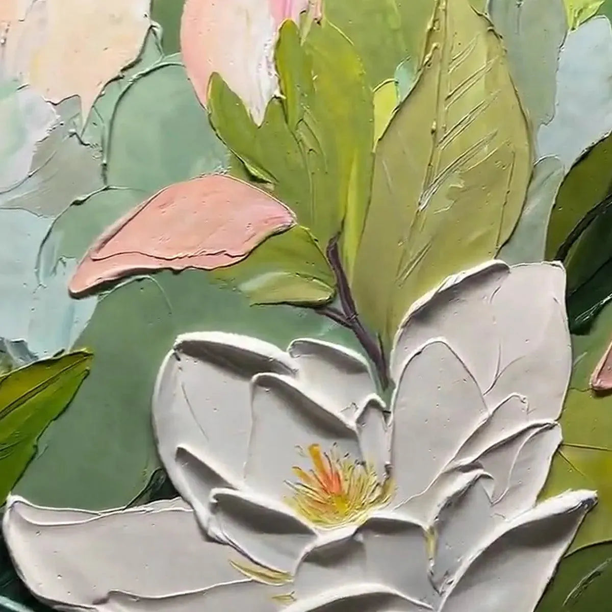 MAGNOLIA BLOSSOMS: White Pink Magnolia Soft Green Leafy Impasto Canvas