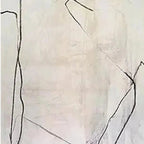 Minimalist abstract diptych, beige canvas with organic black lines. Javier Ramirez painting detail.