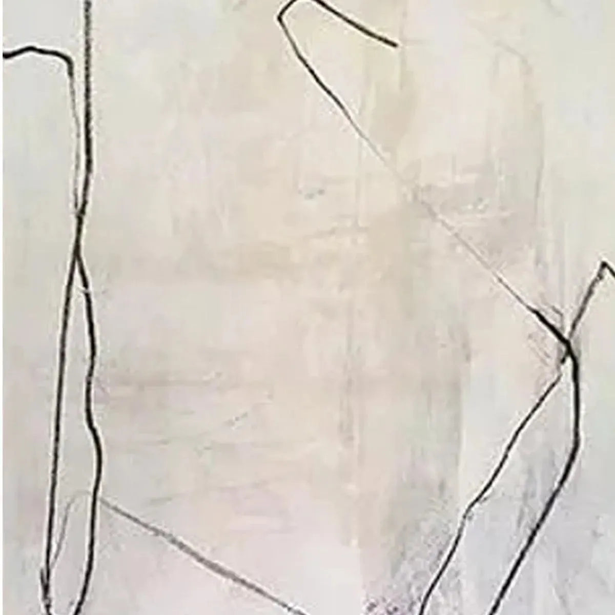 Minimalist abstract diptych, beige canvas with organic black lines. Javier Ramirez painting detail.