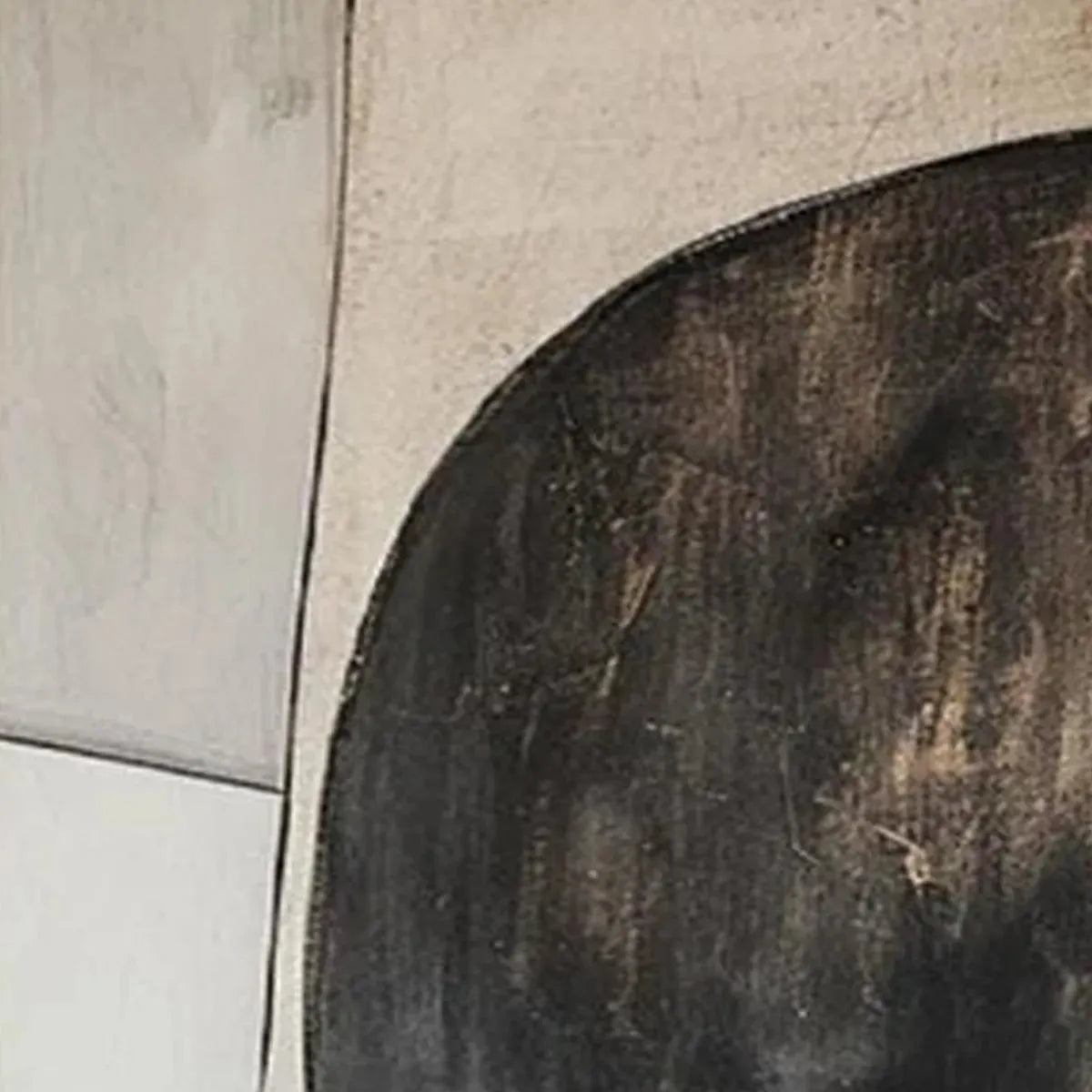 Close-up texture of abstract geometric diptych painting in black and brown tones with subtle linear details.