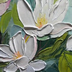 MAGNOLIA BLOSSOMS: White Pink Magnolia Soft Green Leafy Impasto Canvas
