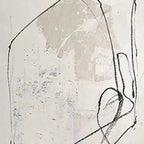 Minimalist diptych, beige abstract painting with organic black line art by Javier Ramirez.