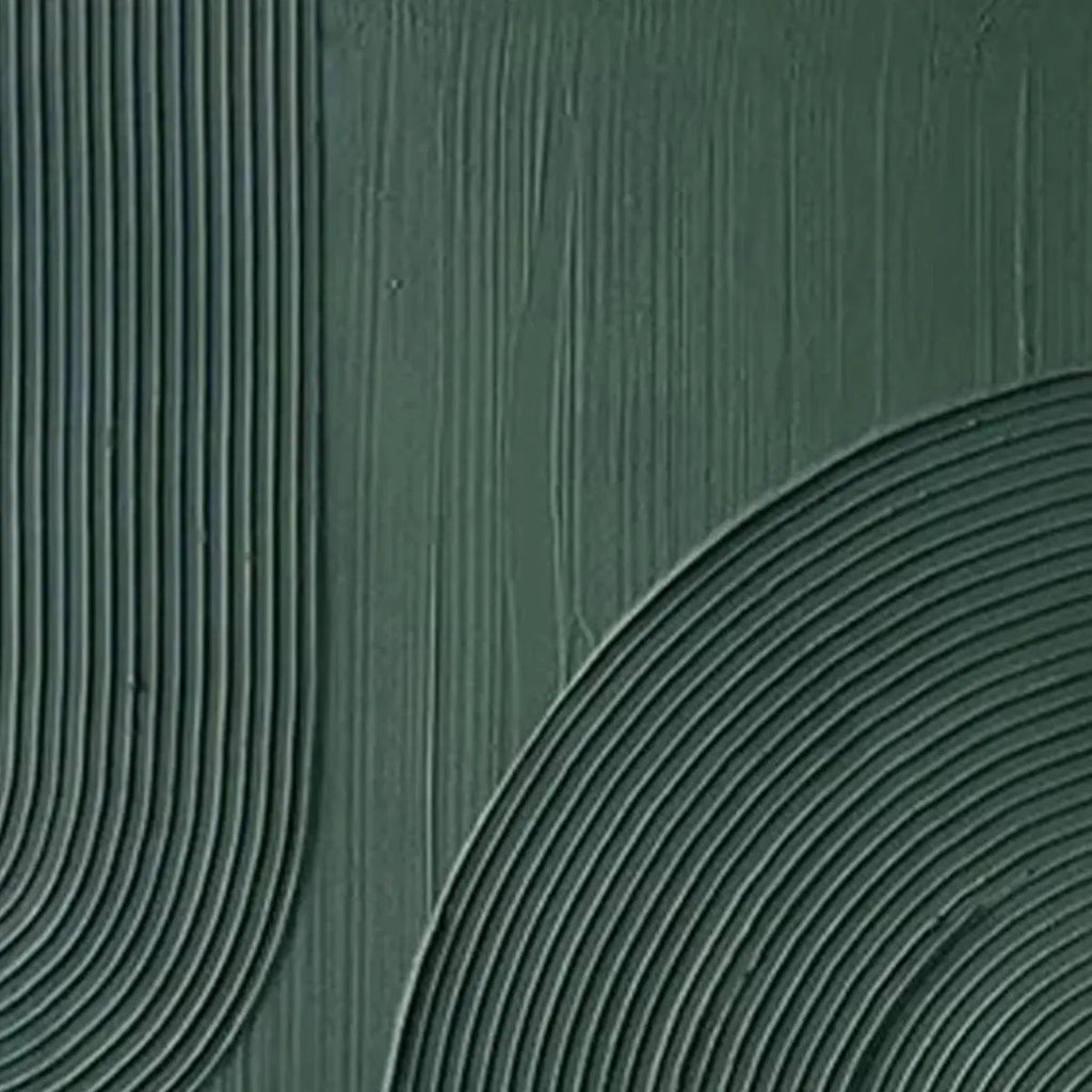 Close-up of Isabella Rossi's green textured abstract painting, showing raised linear arches and tactile depth.