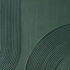 Close-up of Isabella Rossi's green textured abstract painting, showing raised linear arches and tactile depth.