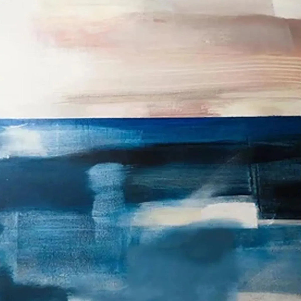 Abstract Ocean Diptych: vertical seascape art with pink, beige, and blue hues by Willow Davies.