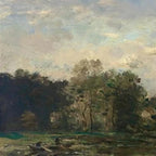 Riverside landscape painting by Chen Liu, traditional Chinese art. Serene riverside view with trees and cloudy sky.