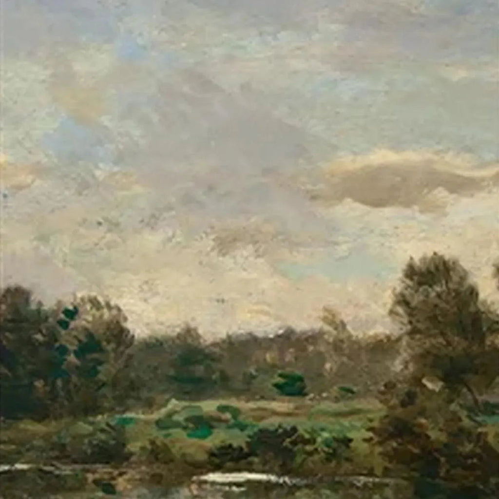 Chen Liu Riverside Triptych detail: Traditional Chinese riverside landscape painting, serene view with trees and sky.