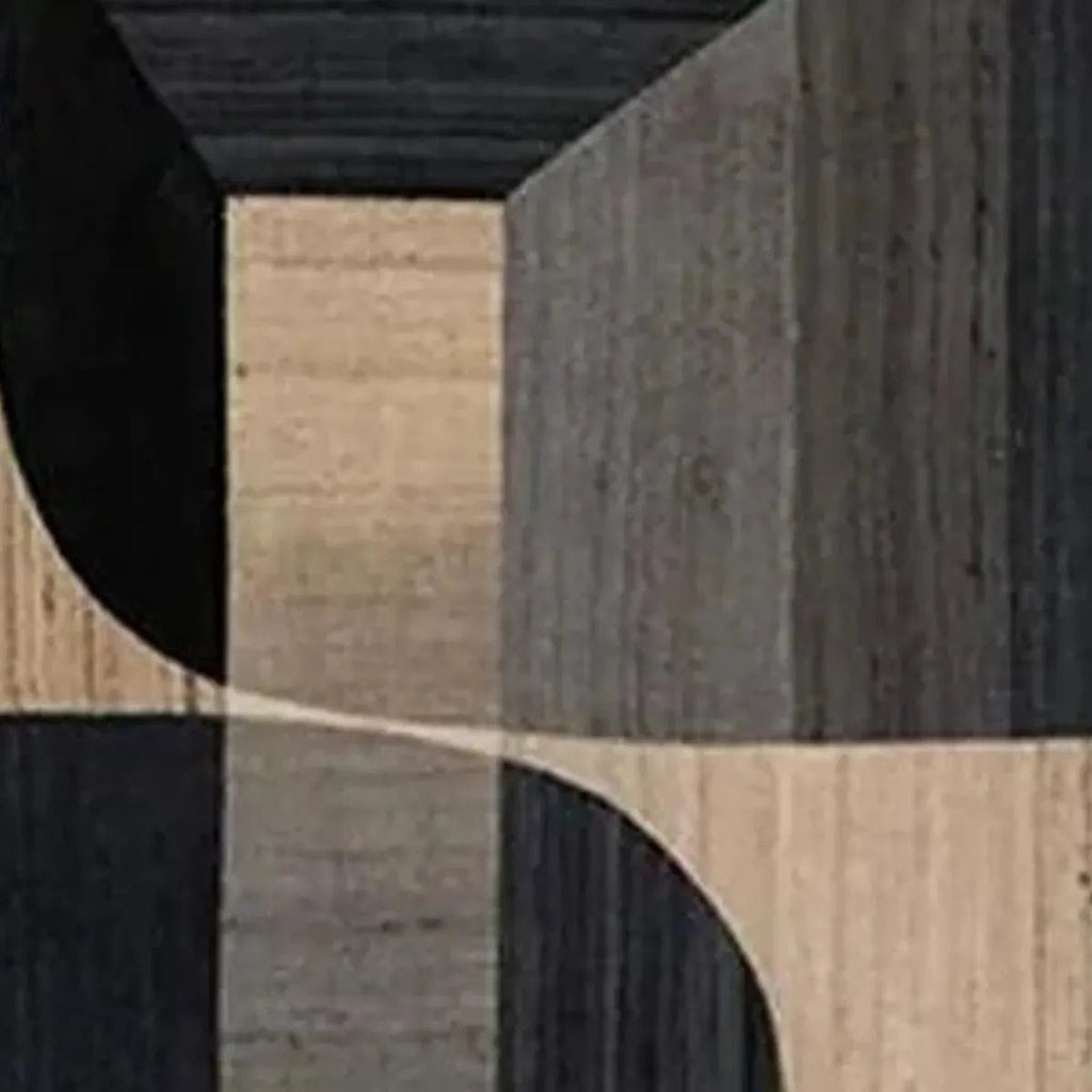 Close-up of Javier Ramirez's minimalist geometric diptych art with curved lines and blocks in black, beige, and grey.